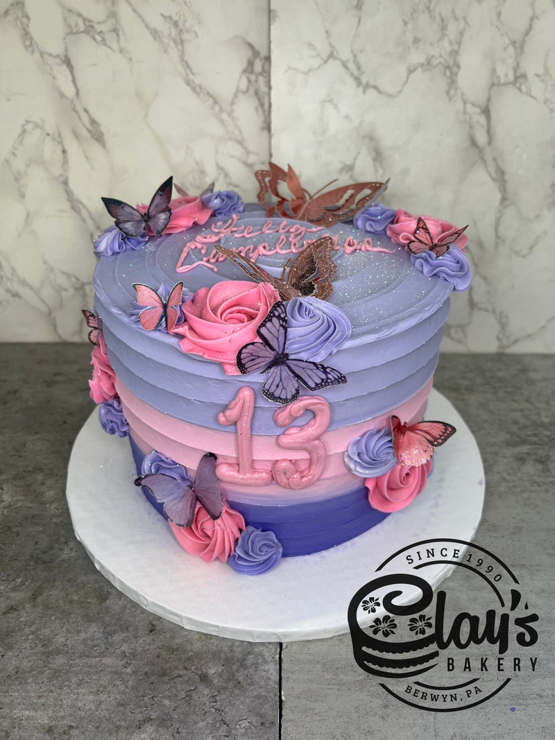Pink and Lavender Gradient with Butterflies - Three Layer Cake