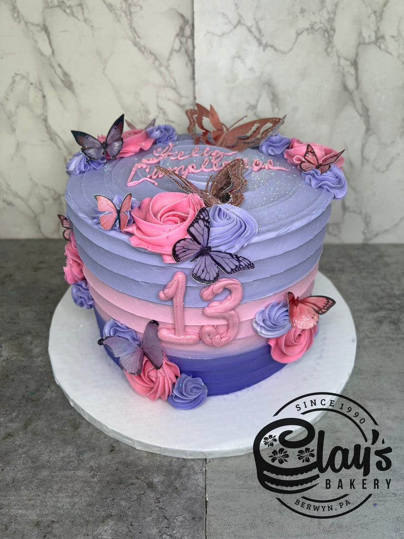 Pink and Lavender Gradient with Butterflies - Three Layer Cake