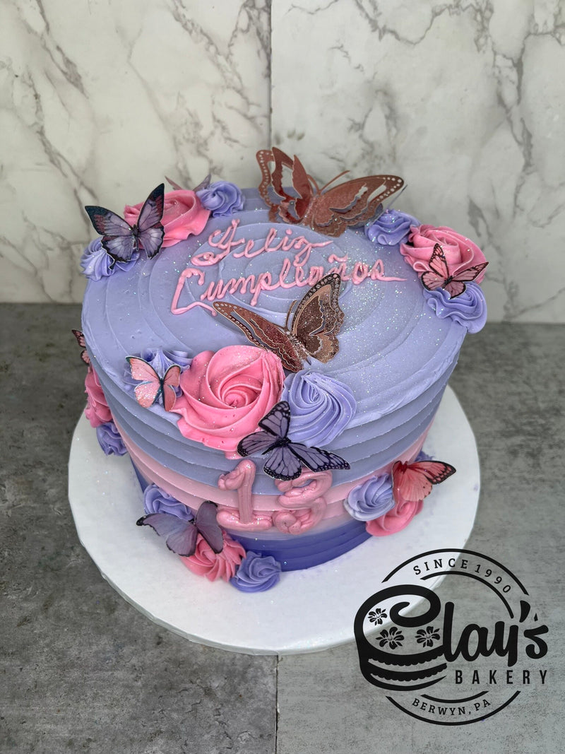 Pink and Lavender Gradient with Butterflies - Three Layer Cake