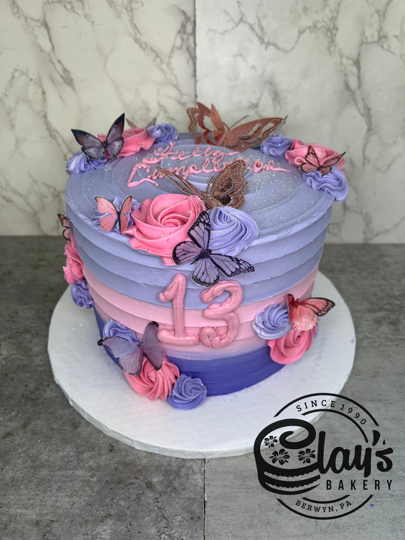 Pink and Lavender Gradient with Butterflies - Three Layer Cake