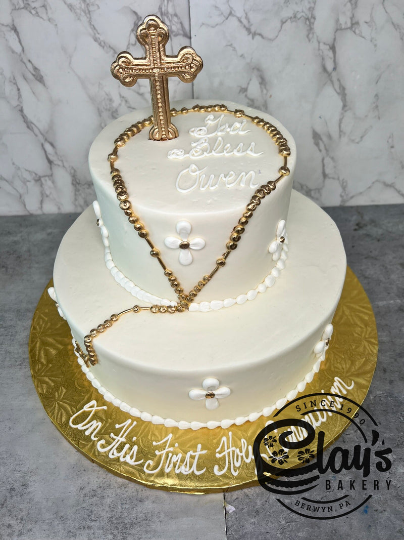 Golden Cross and Rosary - Two Tier Cake
