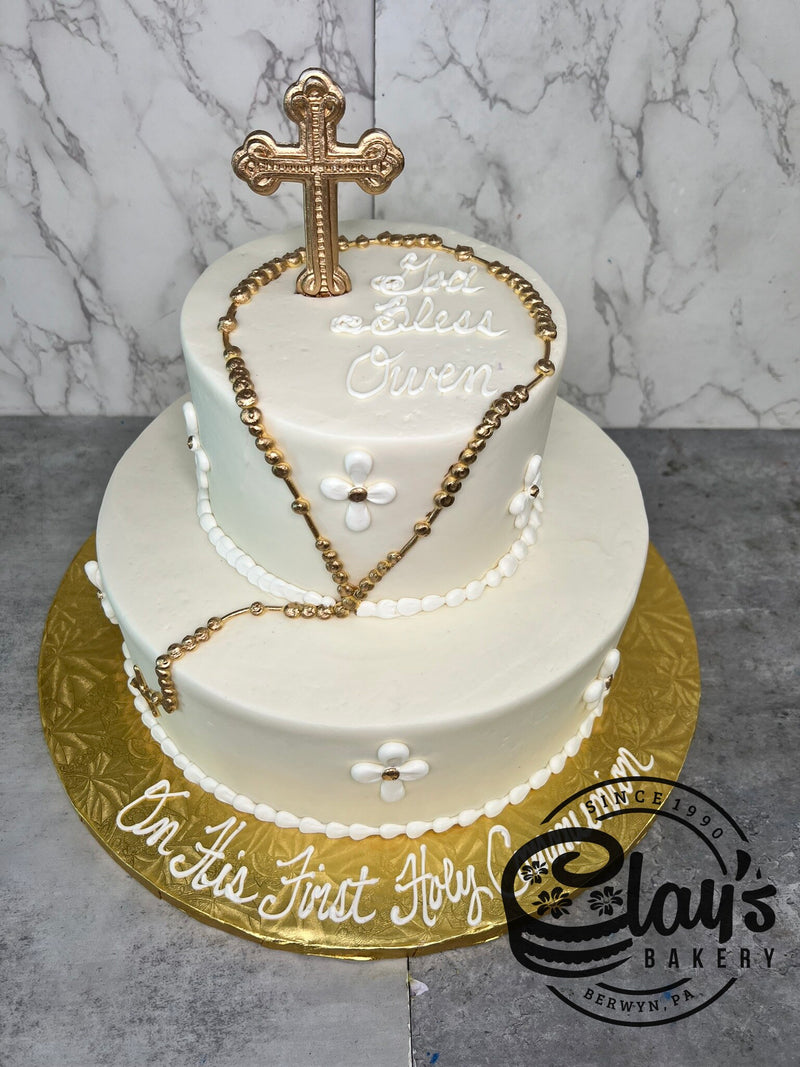 Golden Cross and Rosary - Two Tier Cake