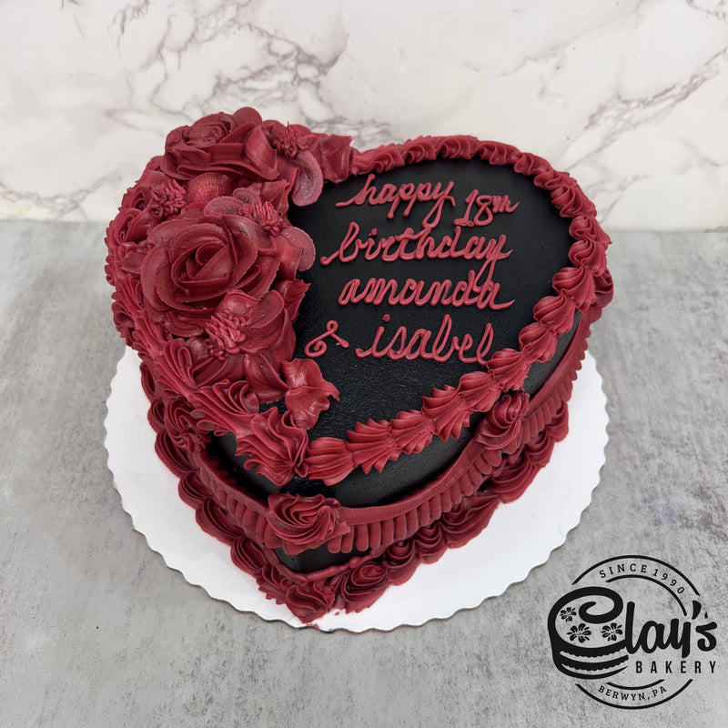 Heart of Black with Deep Red Roses - Shaped Cake