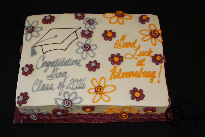 Outlined Grad Cap and Flowers