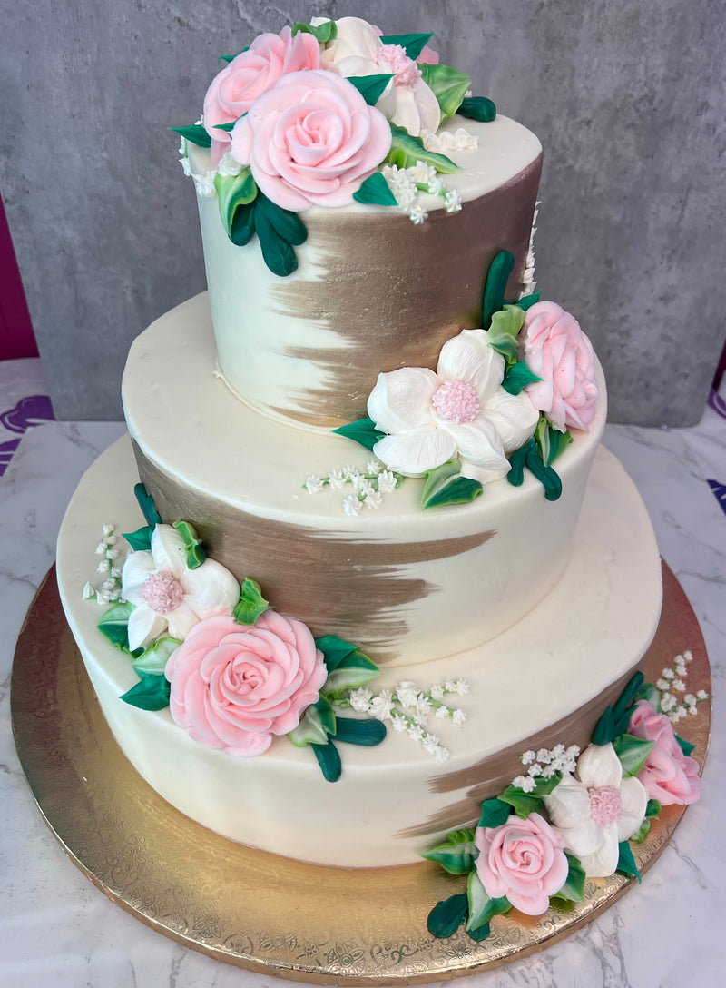 Gold Painted with Pink and White Florals - Three Tier Cake