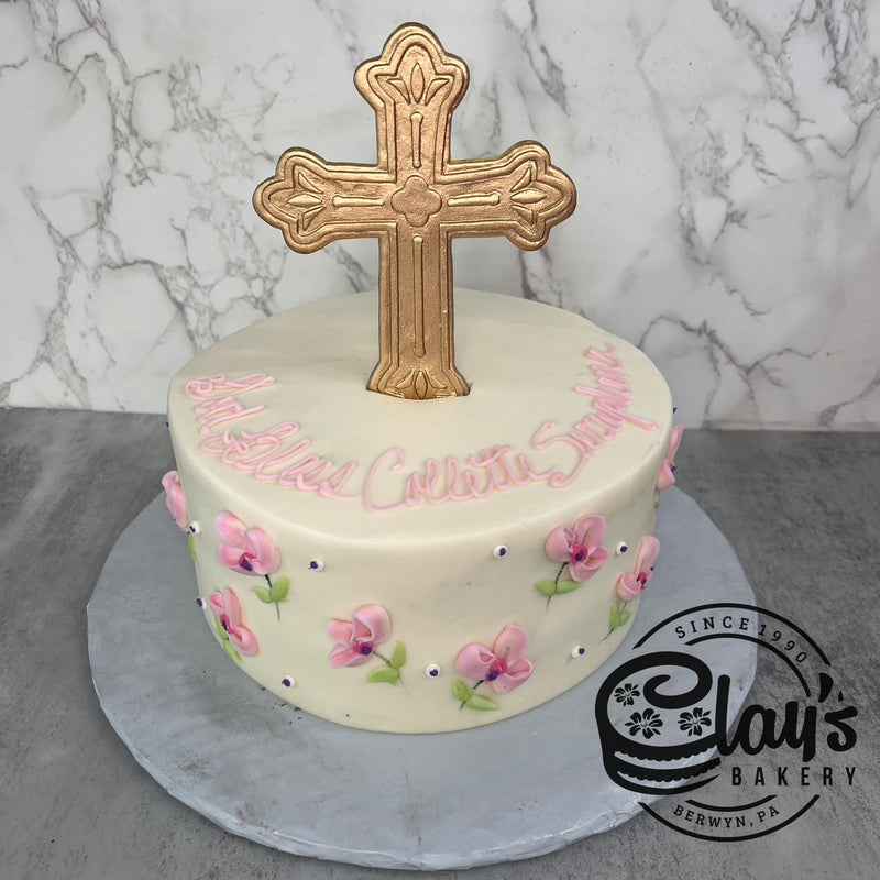 Gold Cross with Delicate Pink Flowers