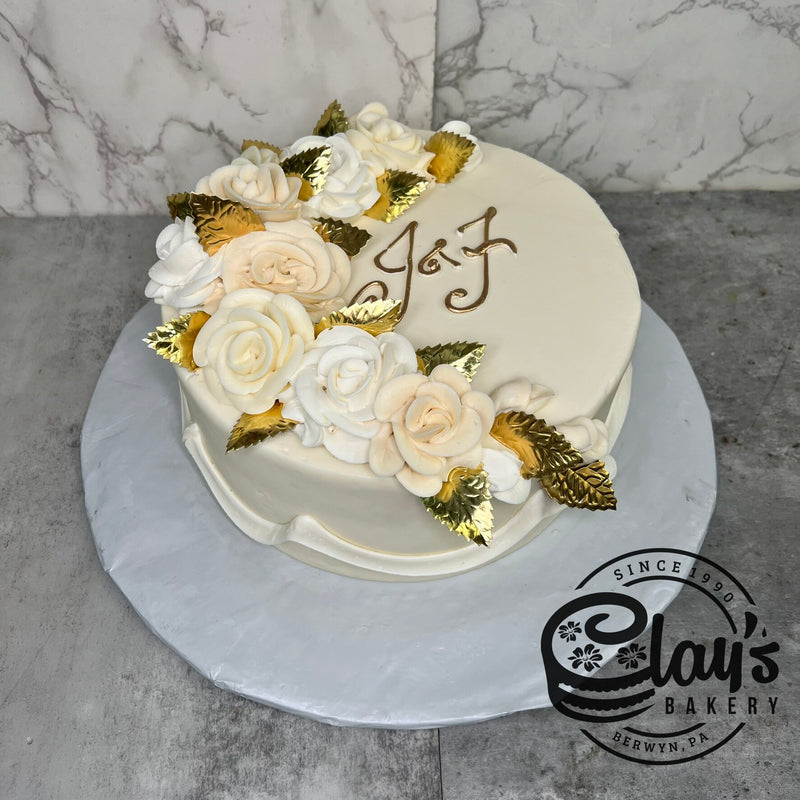 Cream and White Flowers with Gold Writing