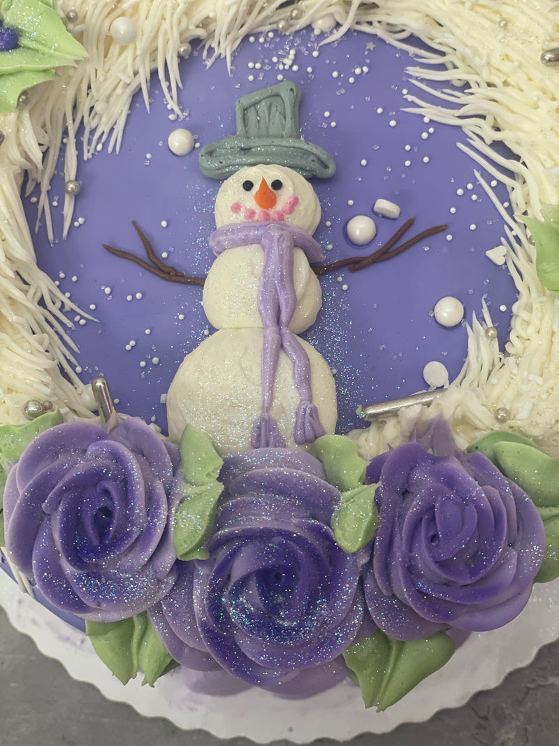 Snowman With Purple Roses and Wreath