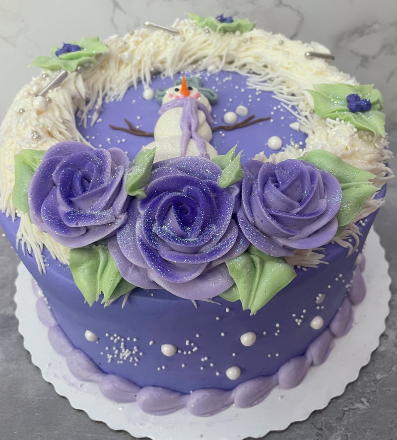 Snowman With Purple Roses and Wreath
